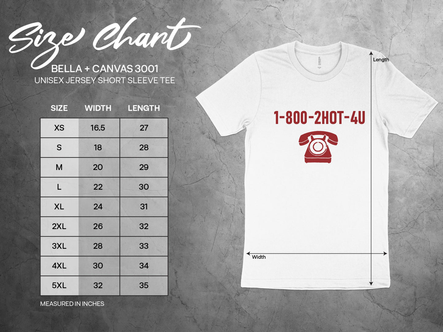 Size chart for 1800 Hotline women's t-shirt, displaying measurements for Small to 3XL, helping you find the perfect fit.