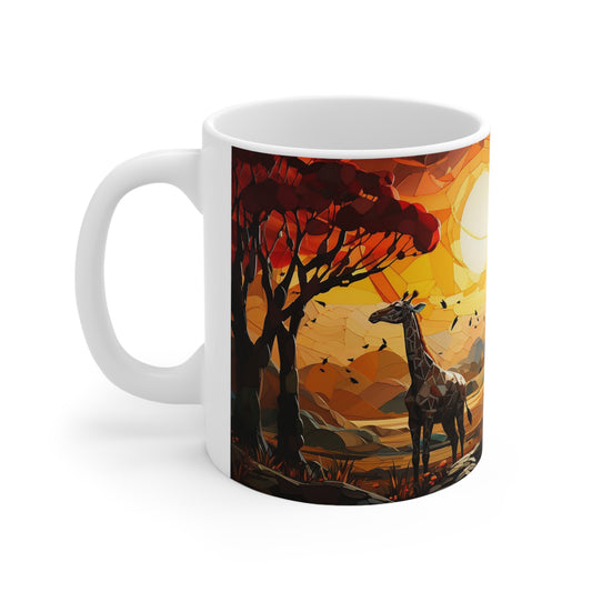Vibrant African wildlife designs on a ceramic mug, perfect for sipping your daily coffee or tea