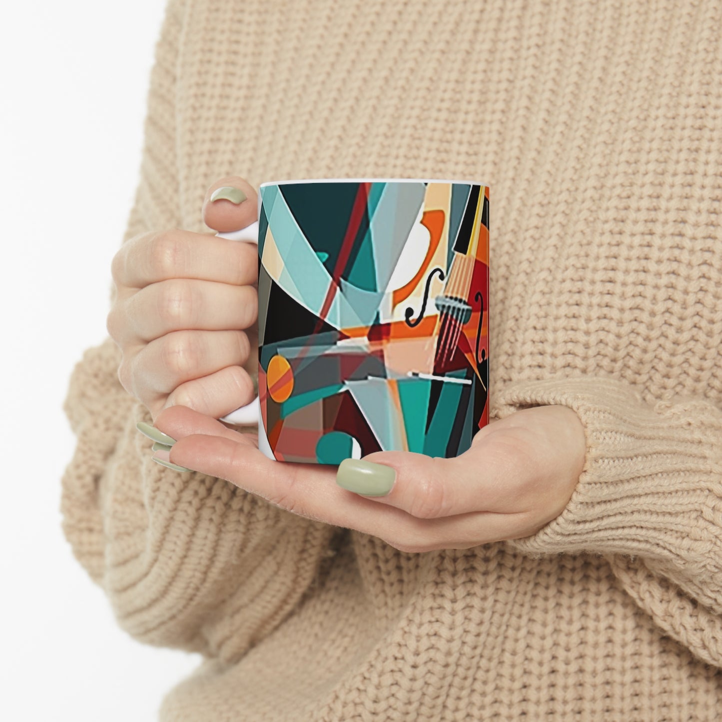 Model holding ceramic music mug with 11oz capacity, sleek design and modern artistic notes