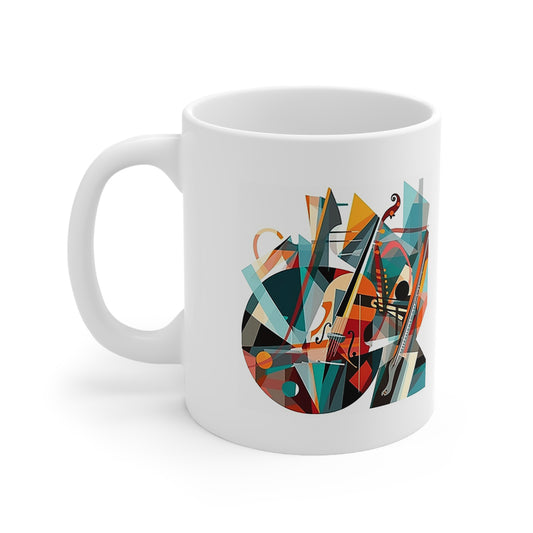 Ceramic 11oz mug with abstract musical elements, lead-free and perfect for composers or music fans