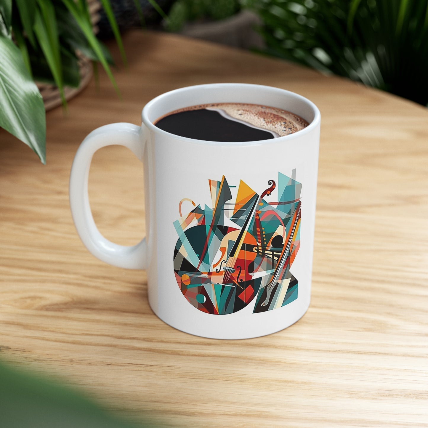 Mug on table with sleek music-inspired design, ceramic build, lead-free and easy to clean