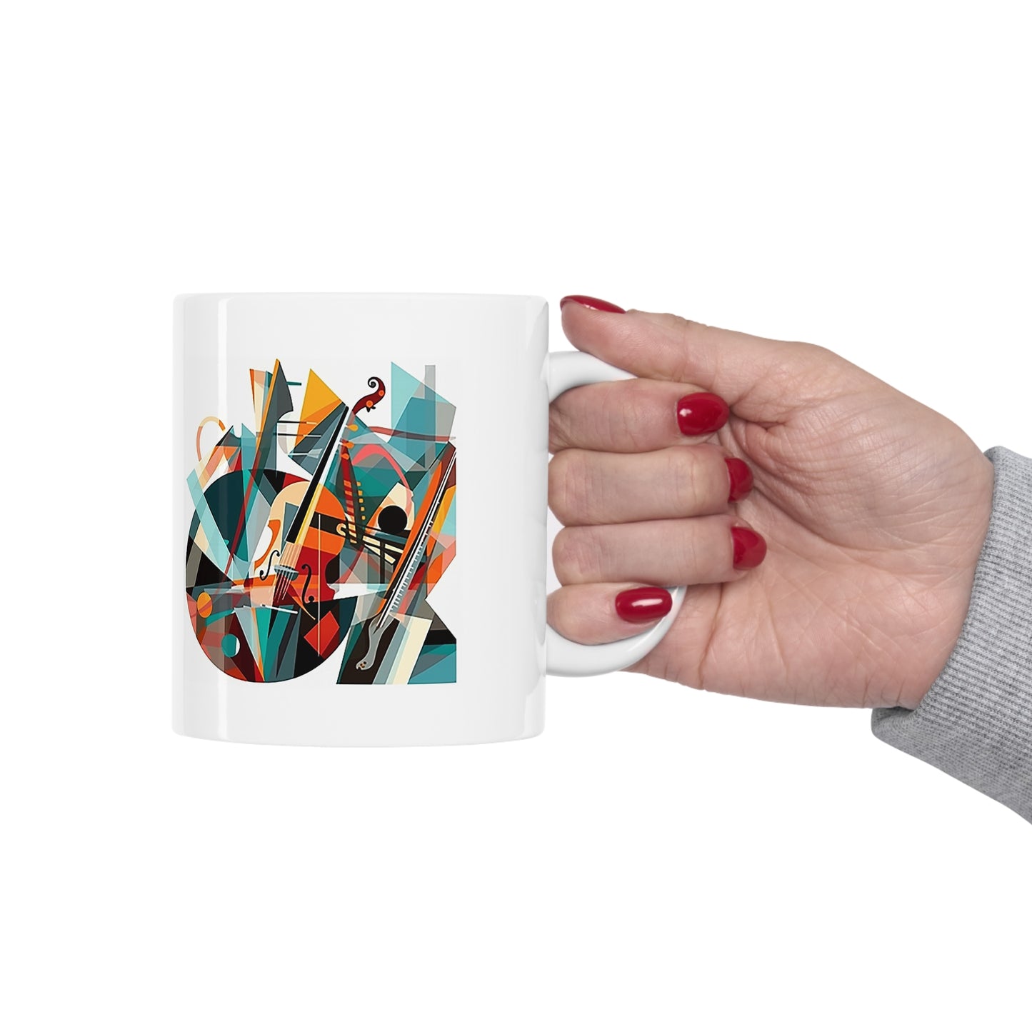 Model holding music mug with artistic notes print, 11oz BPA-free ceramic and ergonomic handle