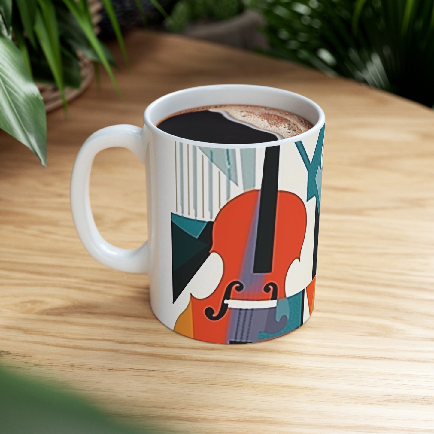 Stylish music-inspired mug on table, BPA-free ceramic with clean lines and modern design