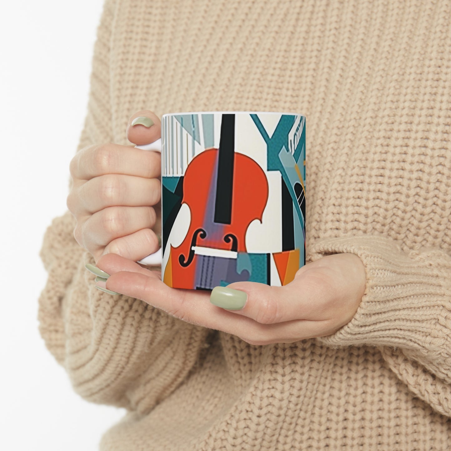 Model holding ceramic coffee cup with contemporary music pattern, 11oz and C-handle for comfort