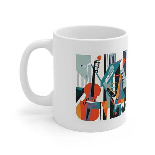 Contemporary music mug with bold, modern design, 11oz ceramic body, BPA-free, and C-handle for comfortable use
