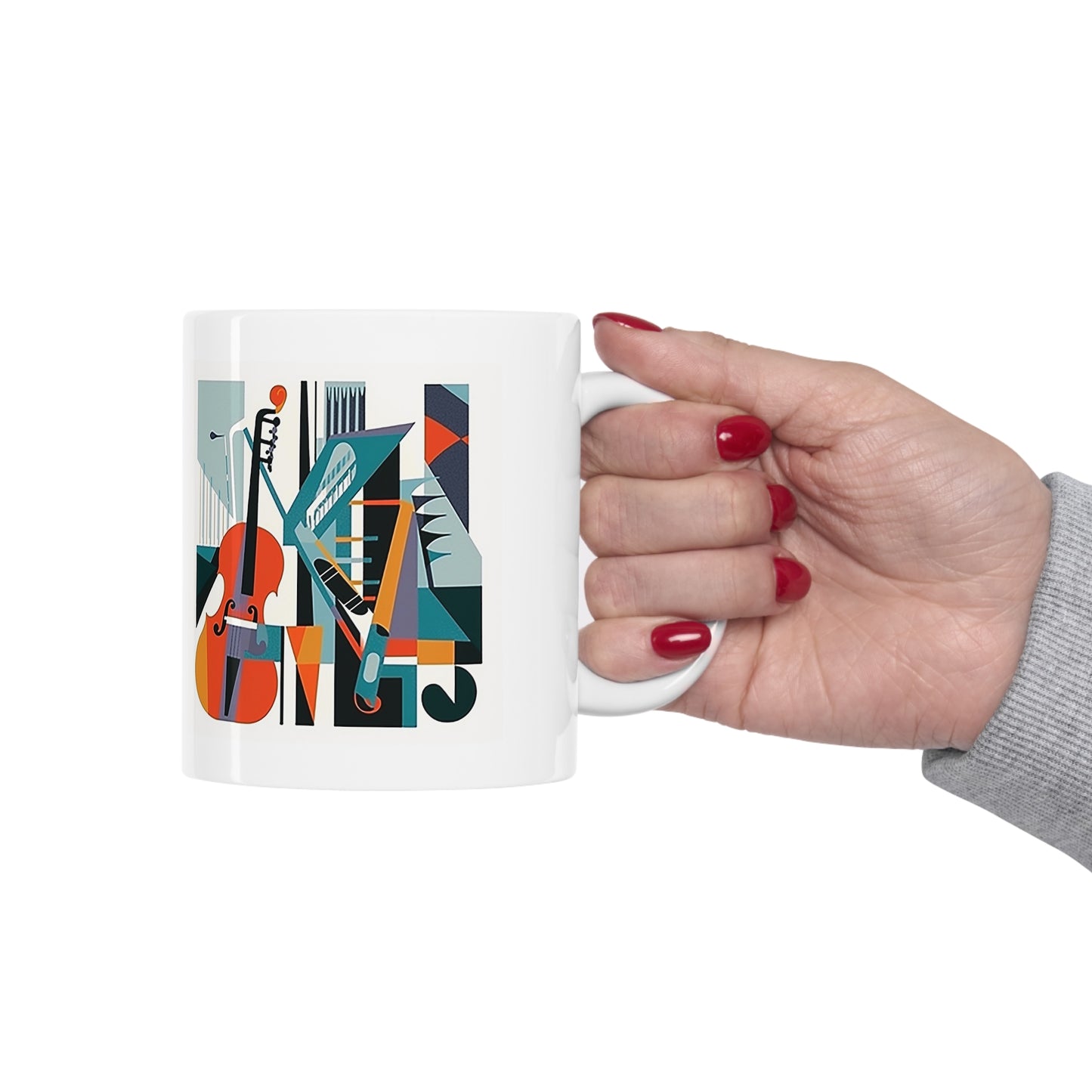 Model holding ceramic music mug with abstract music art, 11oz size, rounded edges, and comfortable grip
