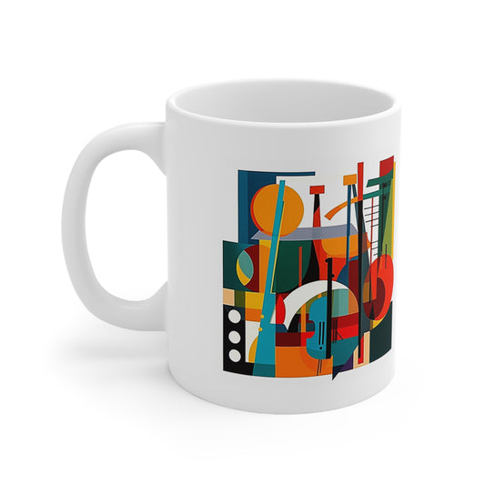 Music mug featuring bold, modern design, 11oz ceramic, C-handle, and BPA-free for a smooth drinking experience
