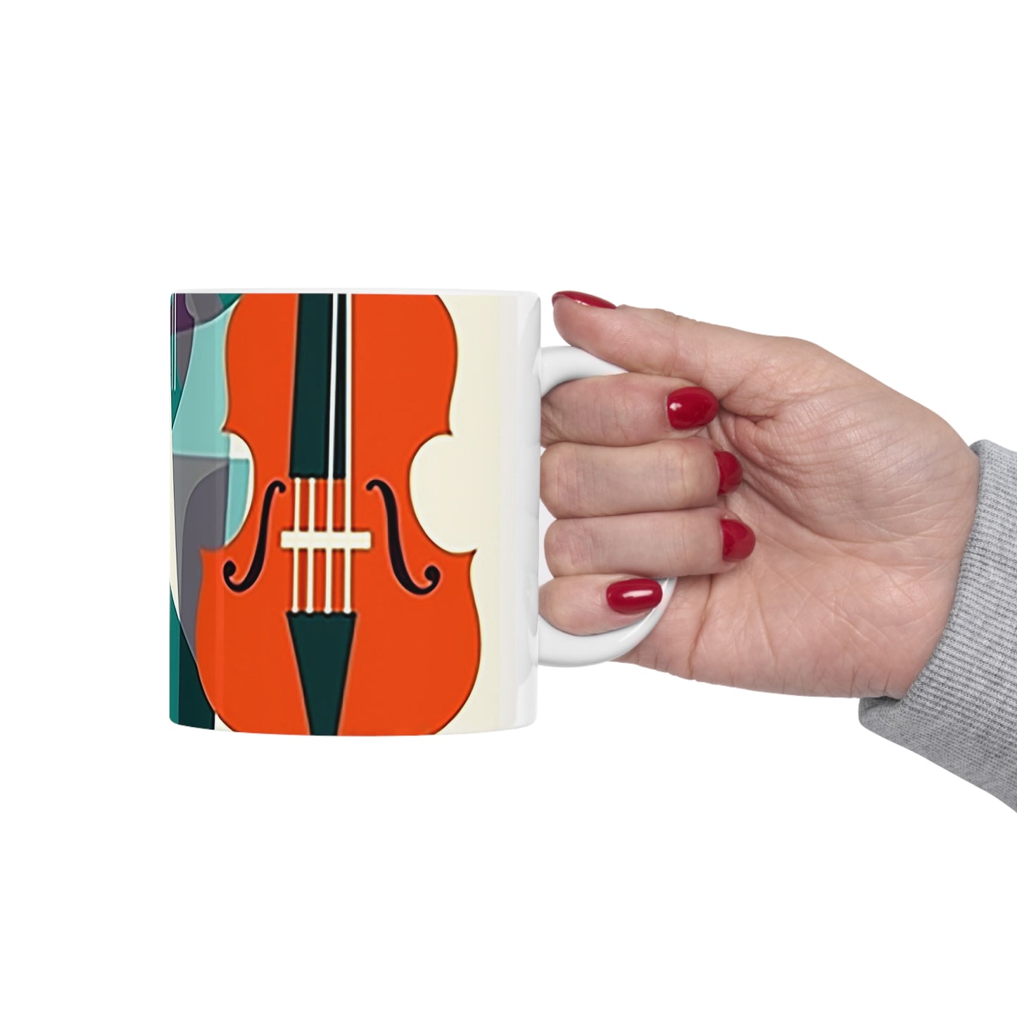 Model holding 11oz music mug with modern design, ceramic body, and eco-conscious materials
