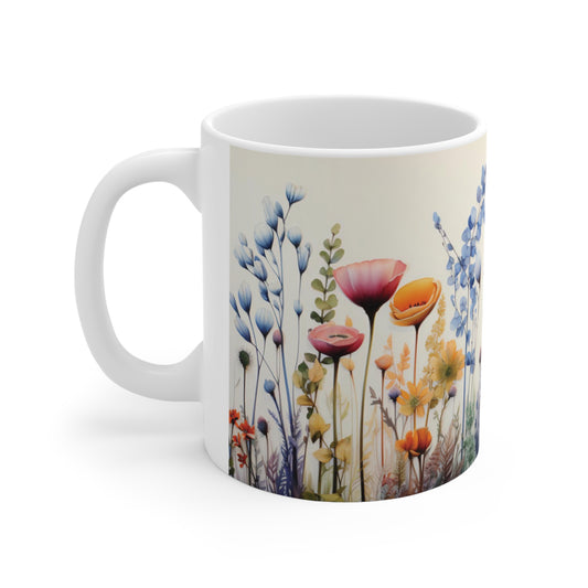 Floral watercolour mug with 11oz ceramic body, featuring soft and vibrant floral watercolour designs for a fresh look