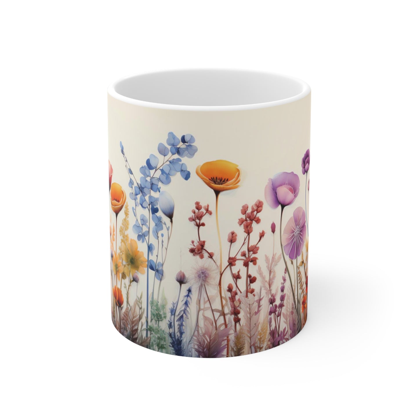 Elegant floral watercolour mug with rounded corners and C-handle, perfect for sipping hot drinks in style