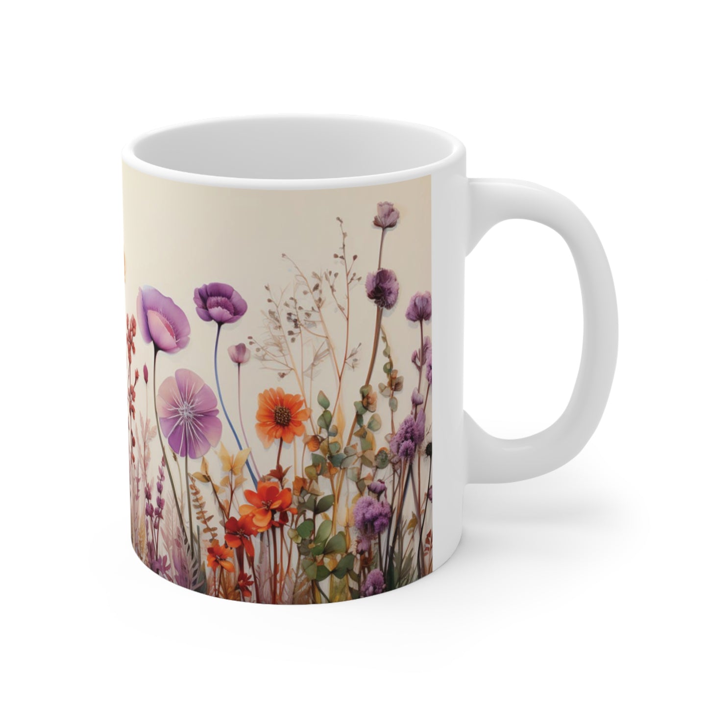 Close-up of floral watercolour mug handle, 11oz ceramic mug with smooth C-handle for a comfortable grip