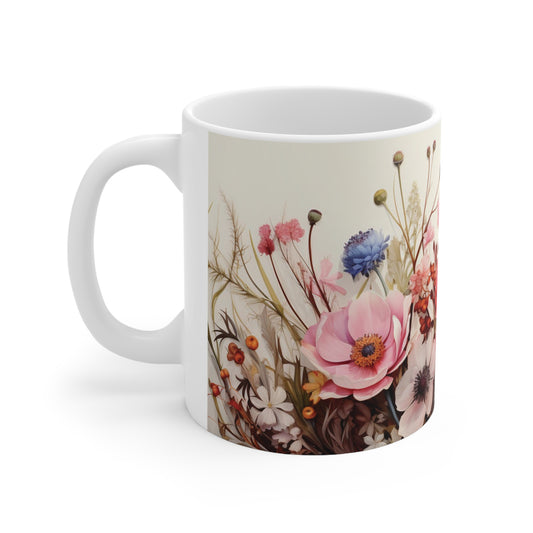 Serene floral watercolour mug with 11oz ceramic design, featuring soft pastel flowers for a tranquil touch