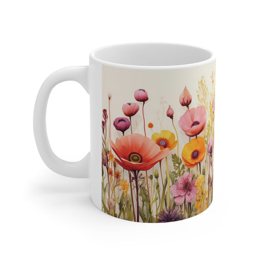 Floral watercolour mug with 11oz ceramic body, showcasing a vibrant blend of watercolour flowers and a comfortable C-handle