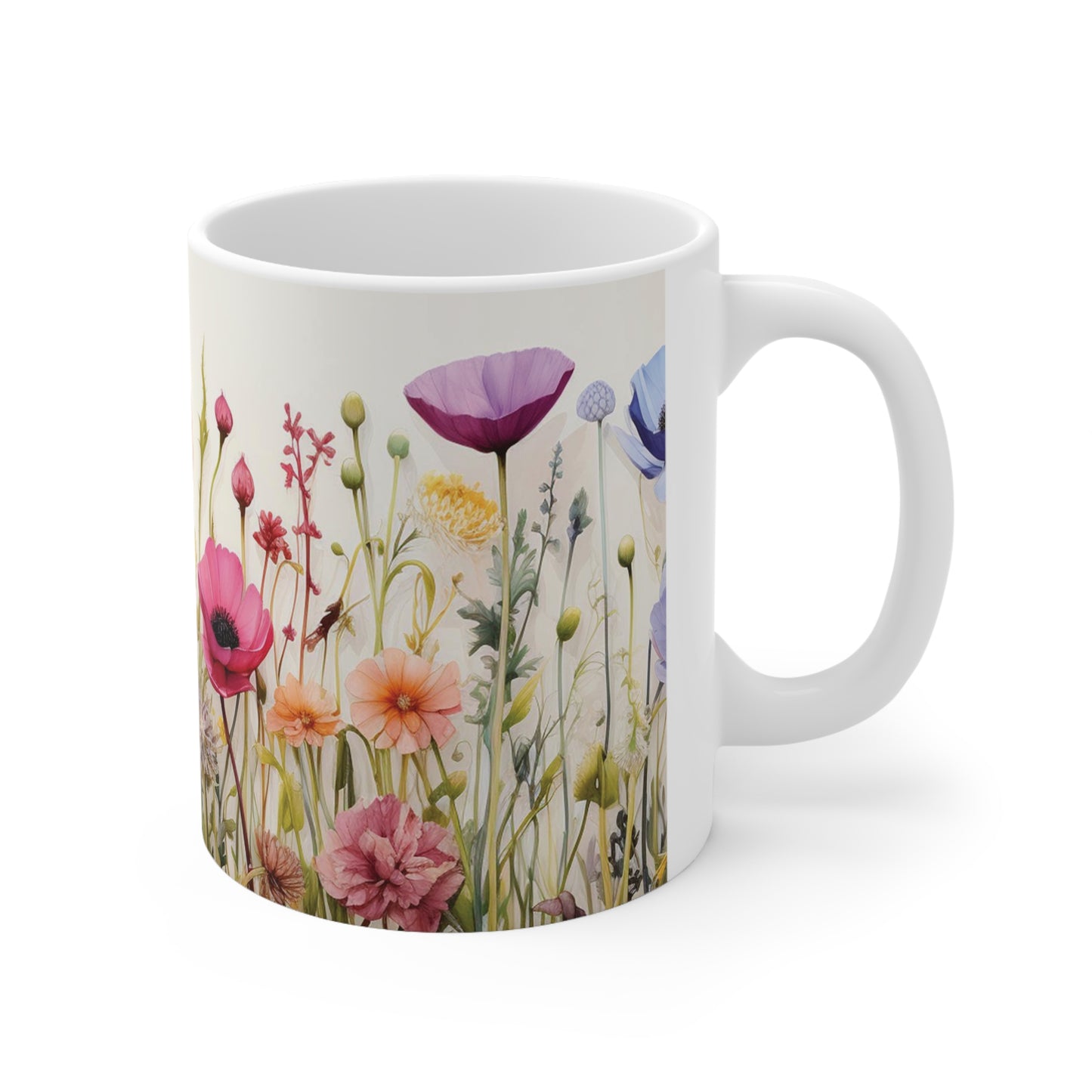 Close-up of the floral watercolour mug with handle, 11oz ceramic mug with C-handle for easy grip and an artistic design