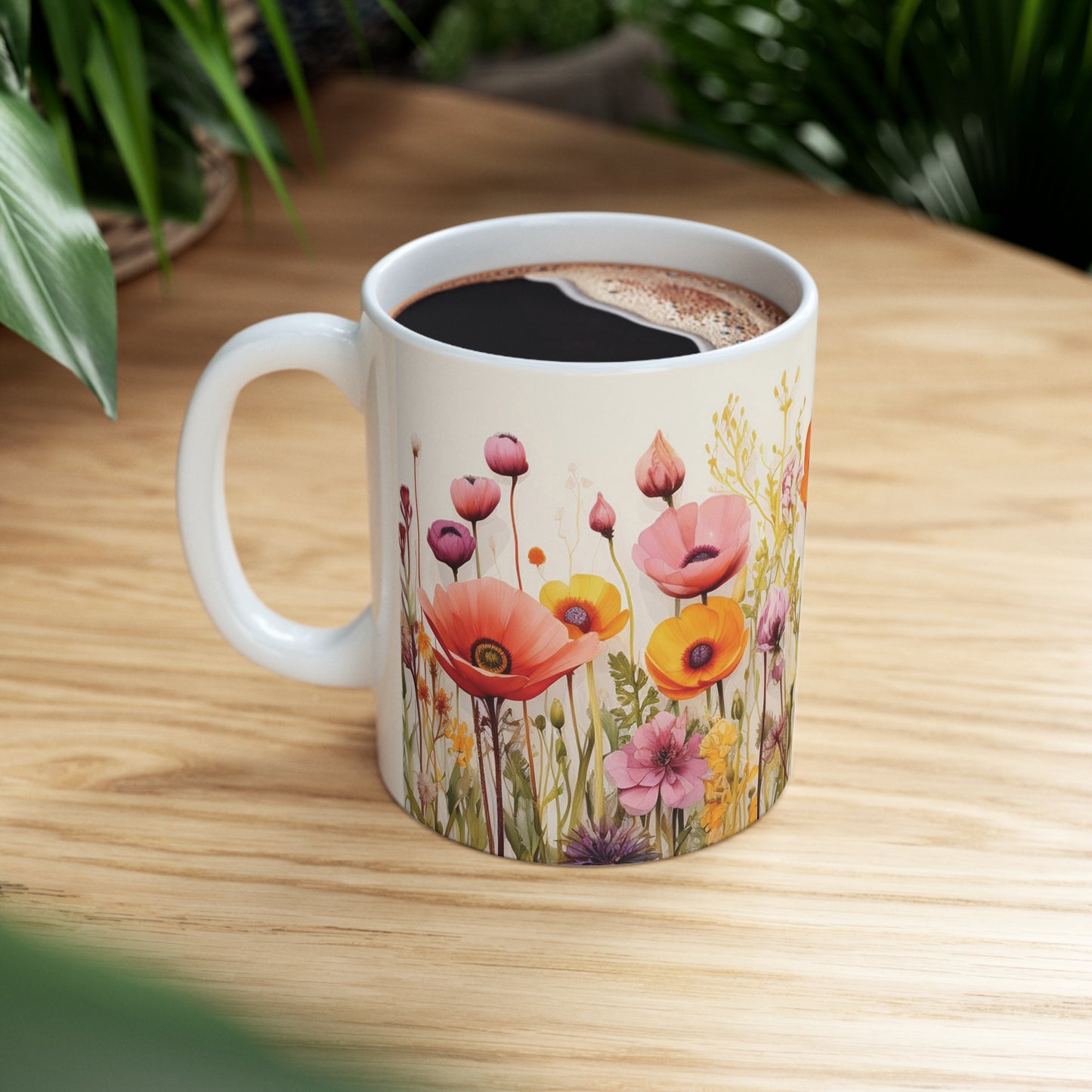 Floral watercolour mug on table, 11oz ceramic mug featuring delicate floral patterns and rounded edges for a cozy feel