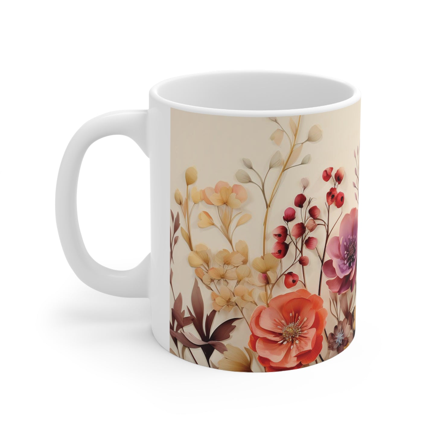 Floral watercolour mug with 11oz ceramic body, featuring soft pastel blooms and a C-handle for easy and stylish sipping