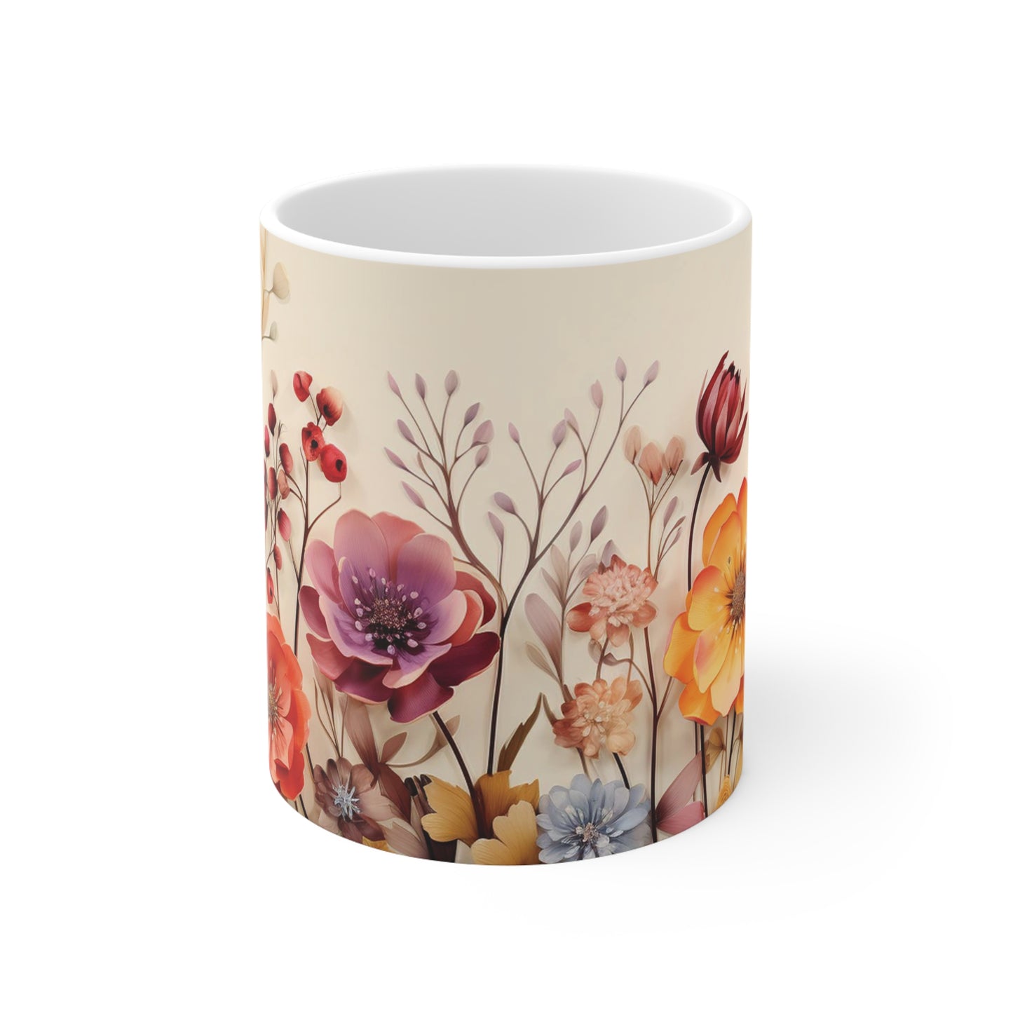 Close-up of the floral watercolour design on the 11oz ceramic mug, with intricate and vibrant flowers for a soothing look