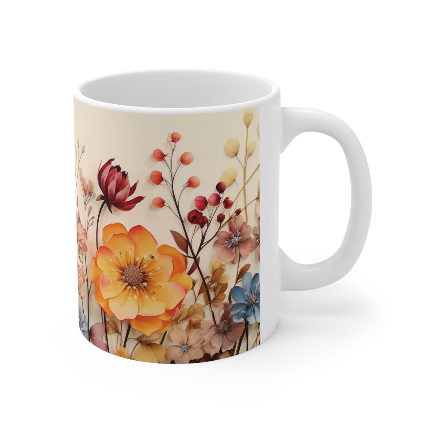 Side shot of the floral watercolour mug handle, 11oz ceramic mug with a smooth C-handle for a comfortable grip