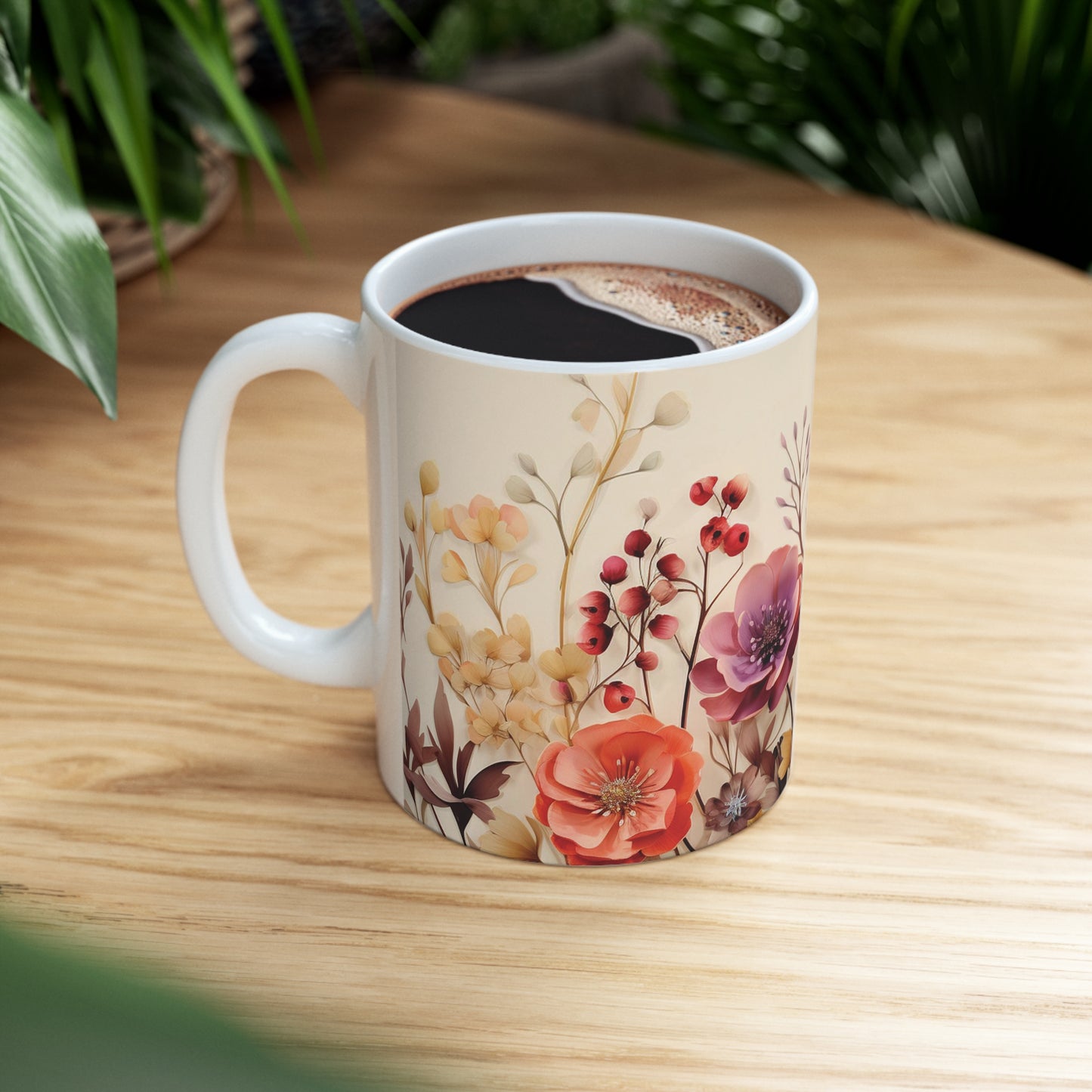 Floral watercolour mug on table, 11oz ceramic mug with artistic floral patterns and rounded corners for a relaxed vibe