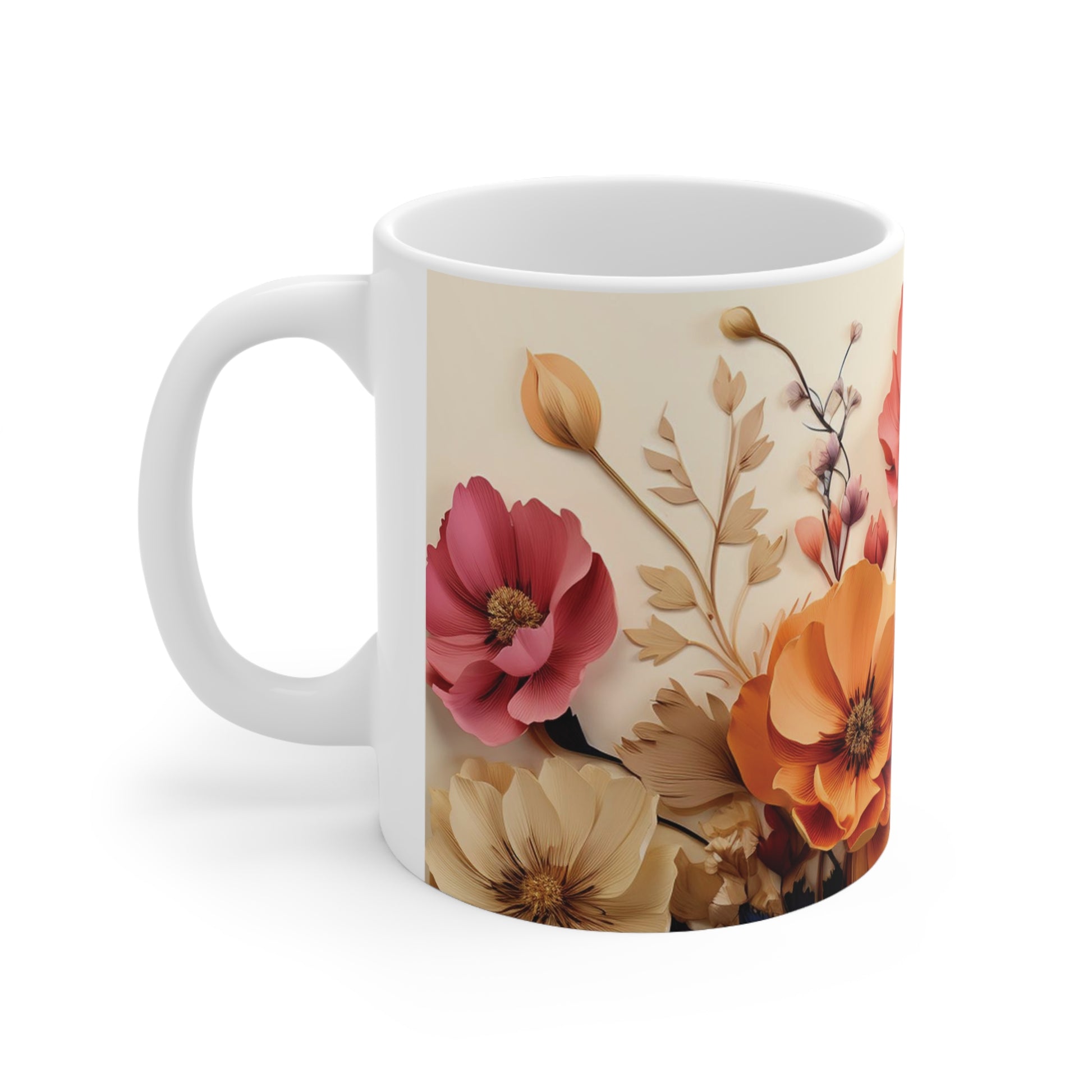 Floral watercolour mug with 11oz ceramic body, featuring a blend of vibrant watercolour florals and a comfortable C-handle