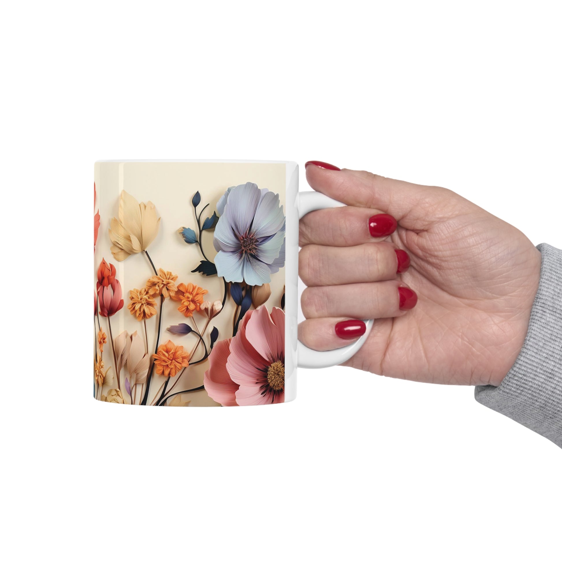 Model holding floral watercolour mug, 11oz ceramic mug with elegant watercolour flowers and a practical C-handle for easy use