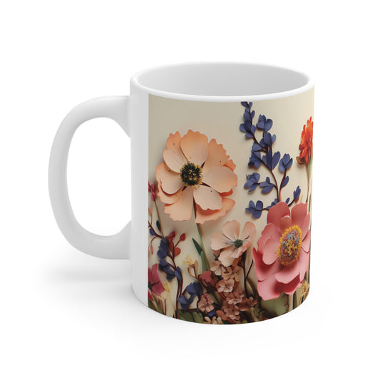 Floral watercolour mug with 11oz ceramic body, featuring vibrant, hand-painted flowers and a C-handle for easy grip