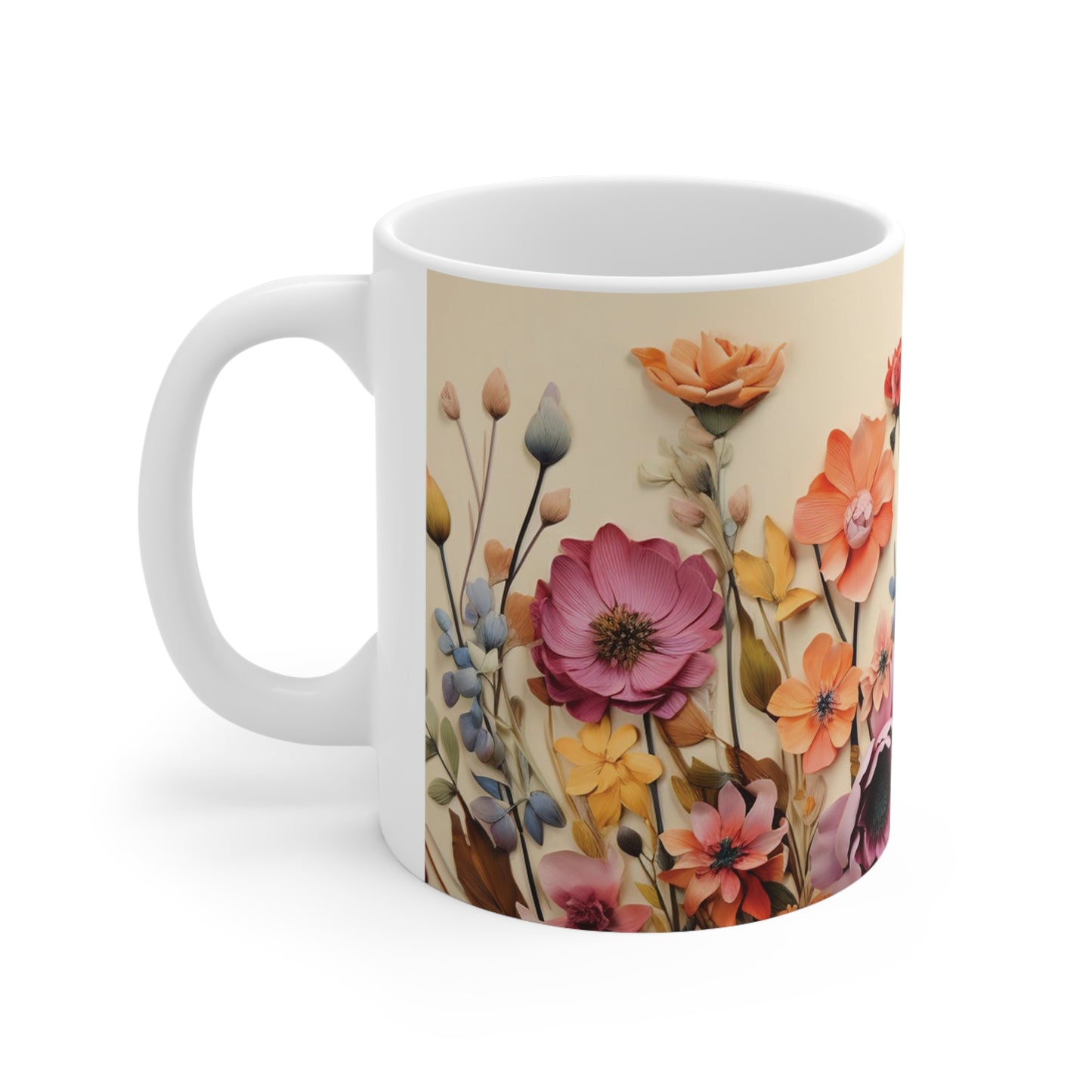Floral watercolour mug with 11oz ceramic body, featuring bold, vibrant blooms and a comfortable C-handle for easy use