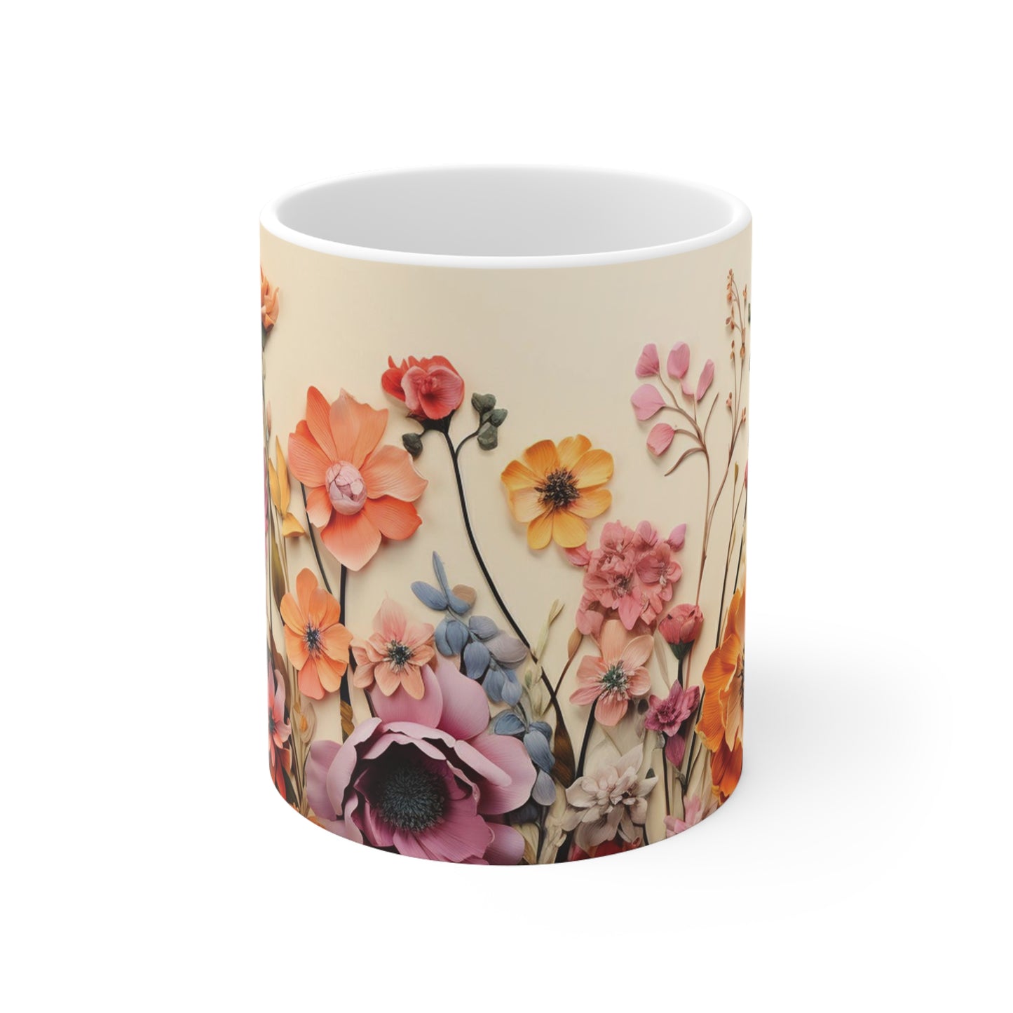 Close-up of the floral watercolour design on the 11oz ceramic mug, showcasing a beautiful blend of flowers in soft hues