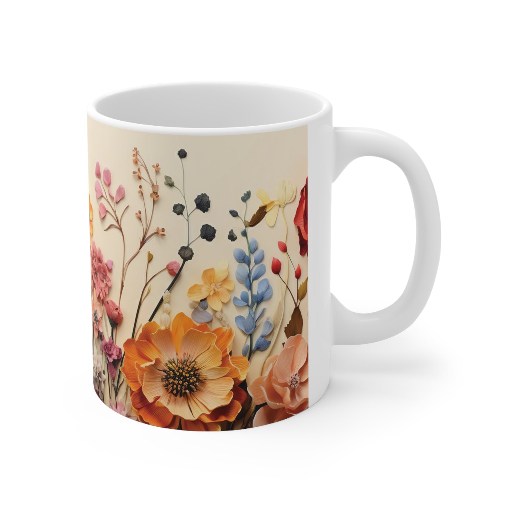 Close-up of the smooth C-handle on the 11oz ceramic floral watercolour mug, offering an elegant grip for a comfortable hold