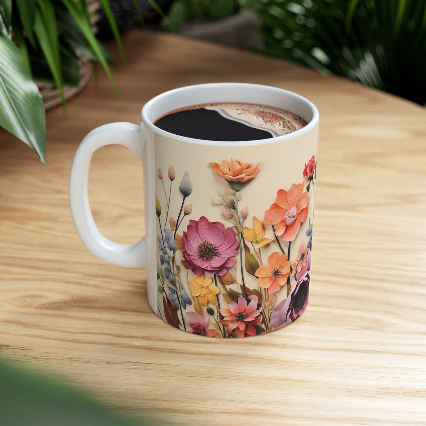 Floral watercolour mug resting on a table, 11oz ceramic mug with delicate floral details and rounded corners for a cozy touch