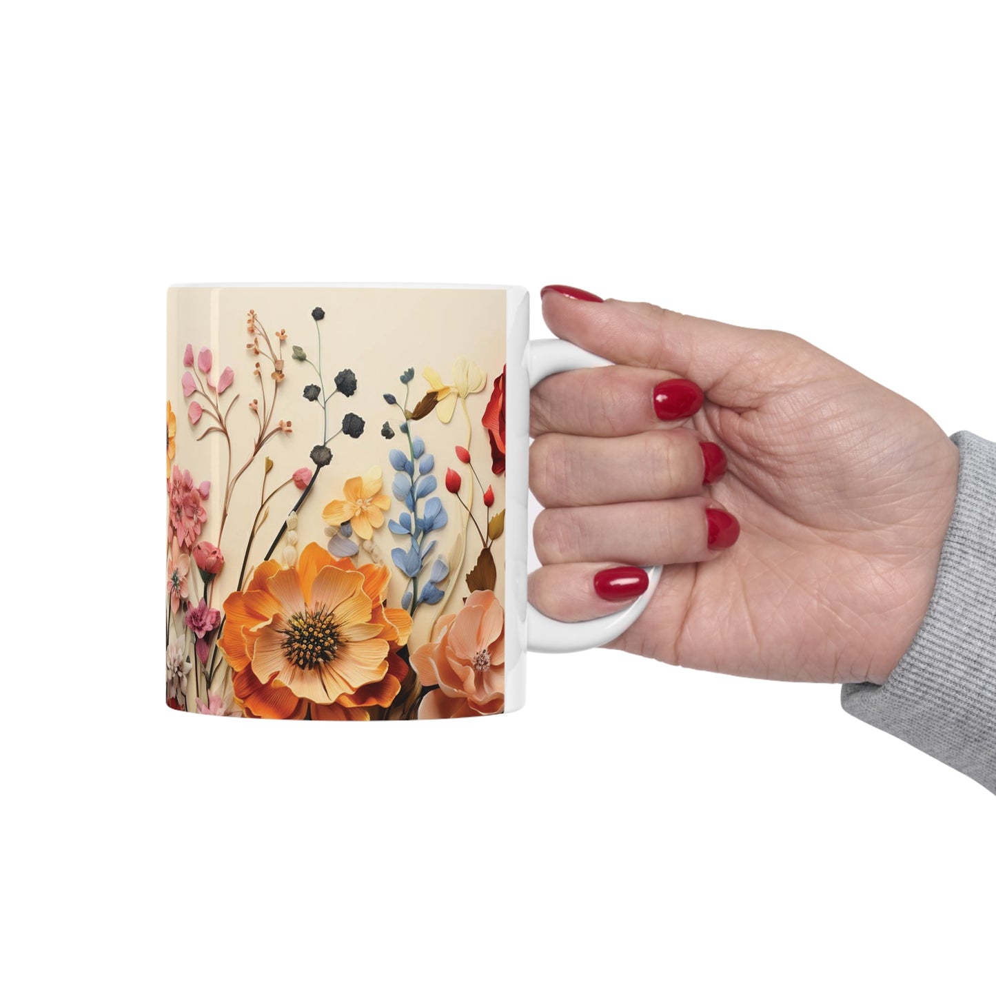 Model holding floral watercolour mug, 11oz ceramic mug with trendy flowers & ergonomic C-handle for an effortless experience