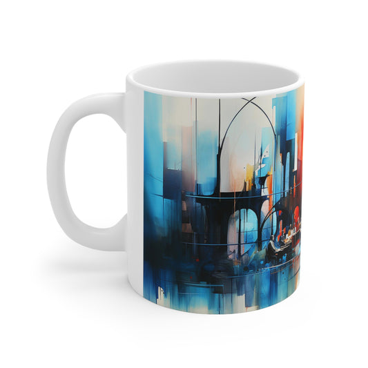 Jazz music mug with 11oz ceramic body, featuring vibrant musical notes and instruments in a dynamic design