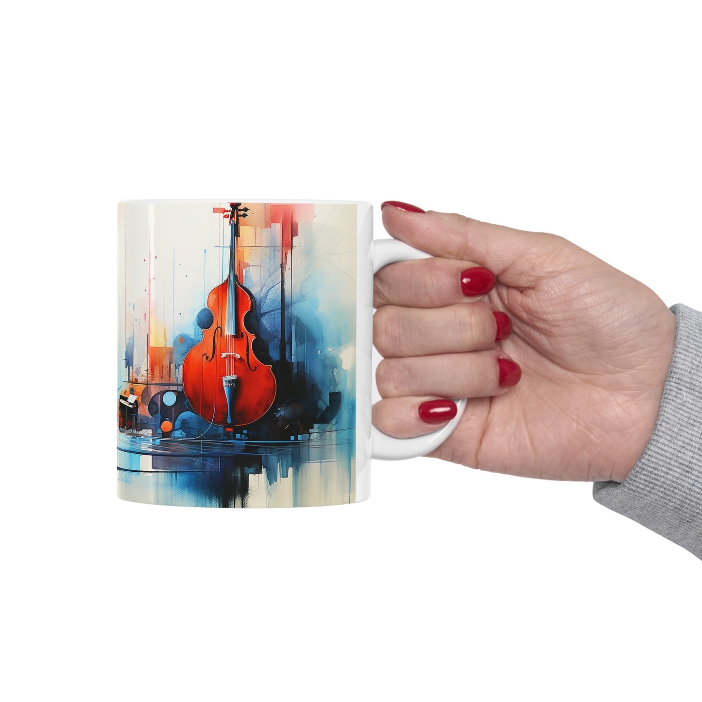 Model holding jazz music mug, 11oz ceramic mug with an energetic jazz design, perfect for enjoying your favourite brew