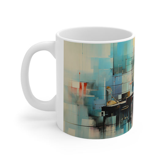 Jazz music mug with 11oz ceramic body, featuring a blend of musical notes and instruments for a lively, artistic design