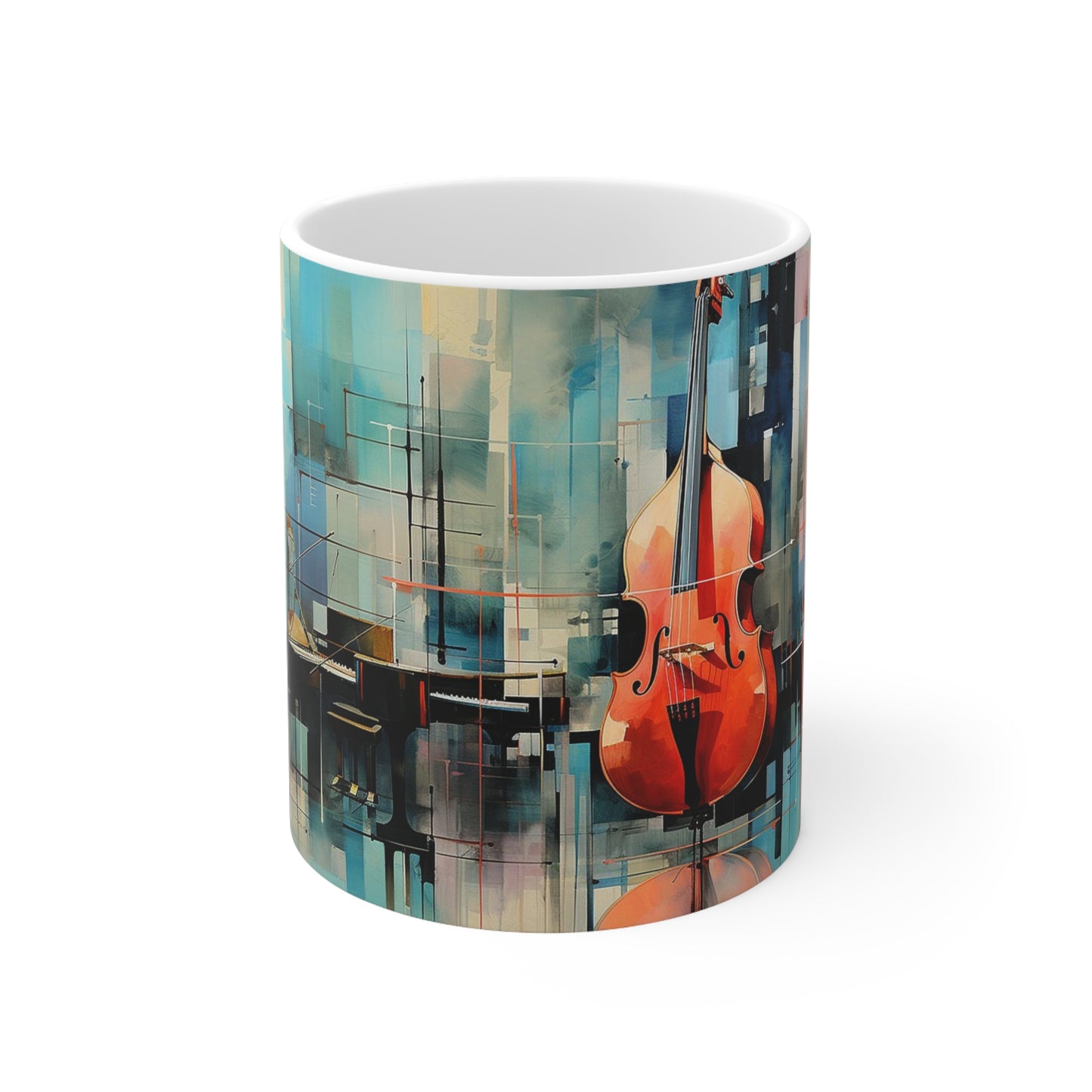 Close-up of the jazz music design on the 11oz ceramic mug, with vibrant notes and instruments capturing the rhythm of jazz
