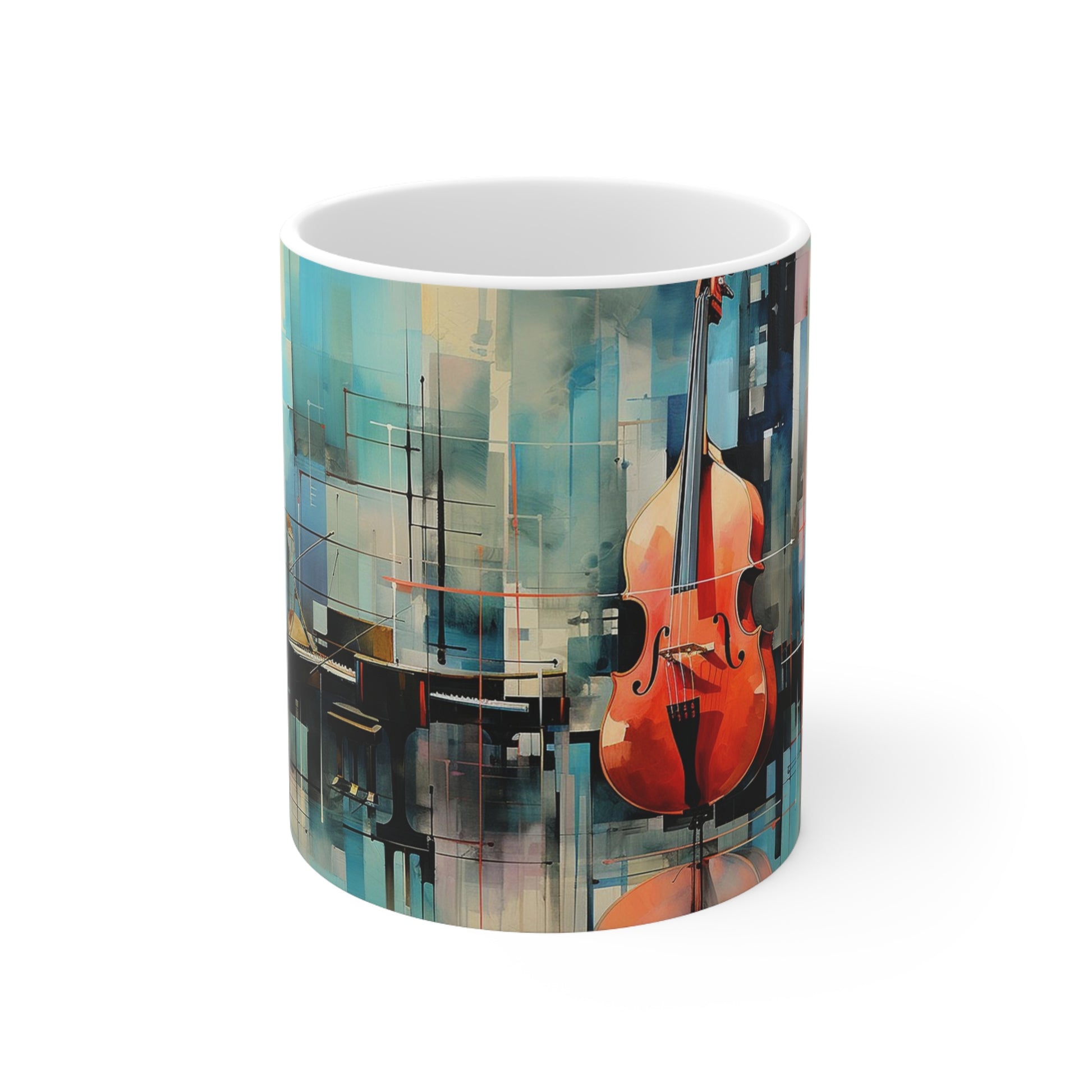 Close-up of the jazz music design on the 11oz ceramic mug, with vibrant notes and instruments capturing the rhythm of jazz