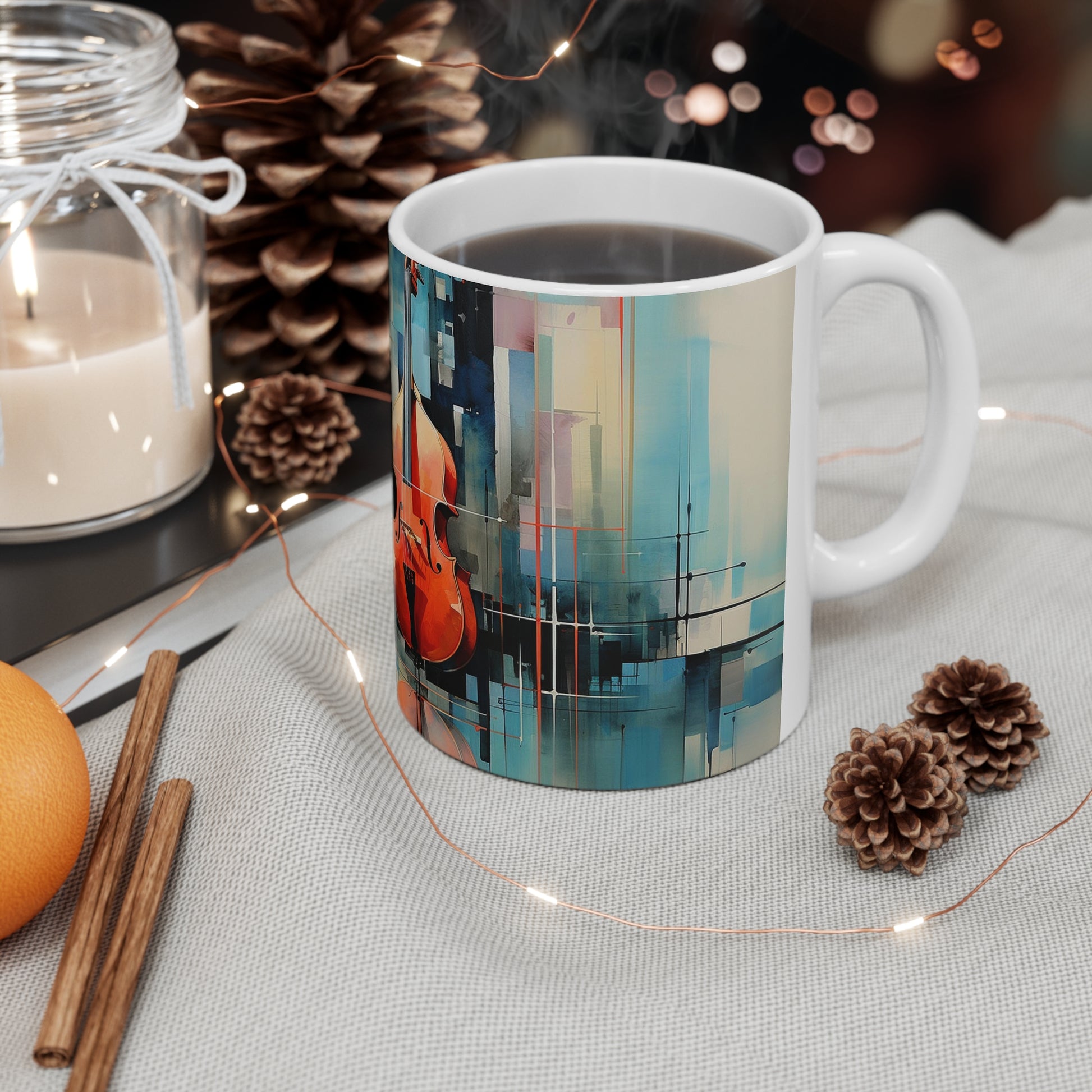 Jazz music mug on a table, 11oz ceramic mug with dynamic music-themed artwork, perfect for adding flair to your coffee breaks