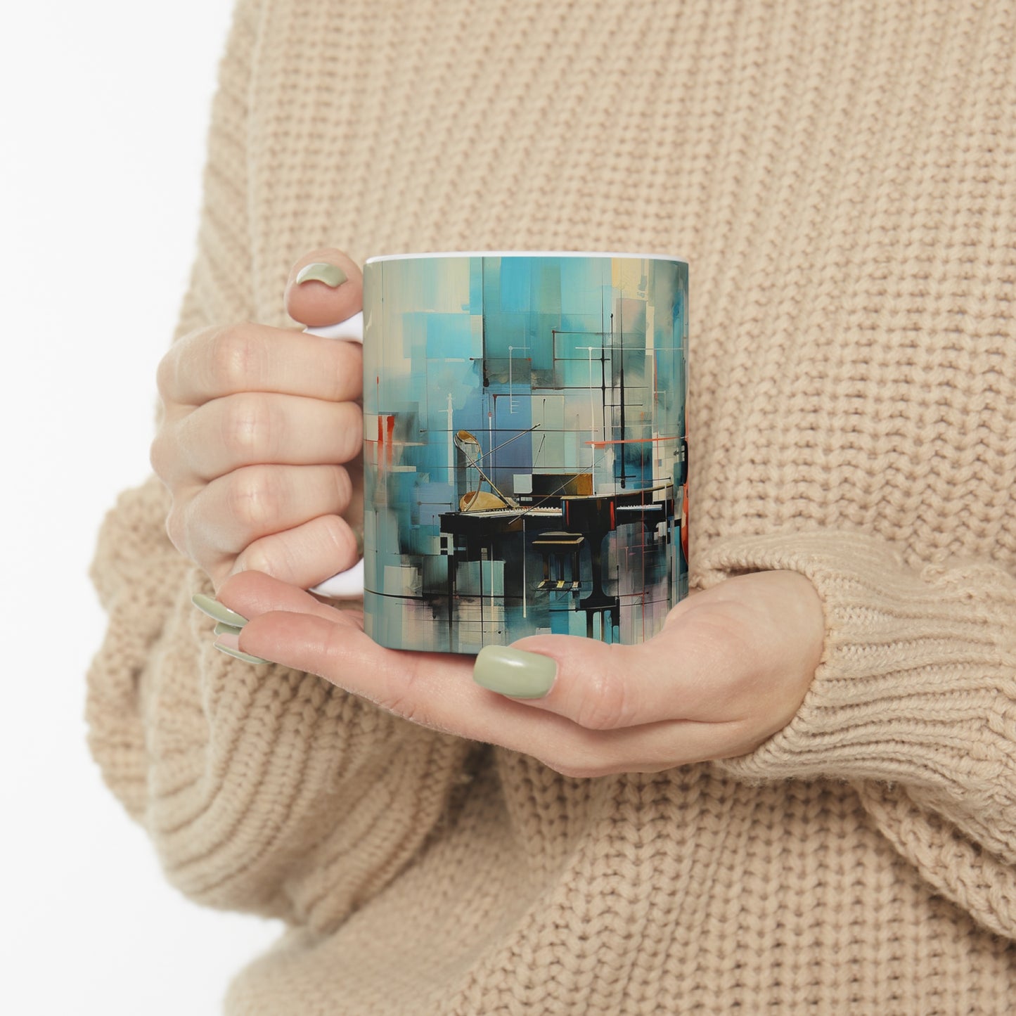 Model holding jazz music mug, 11oz ceramic mug with an energetic jazz design, ideal for music lovers and coffee enthusiasts