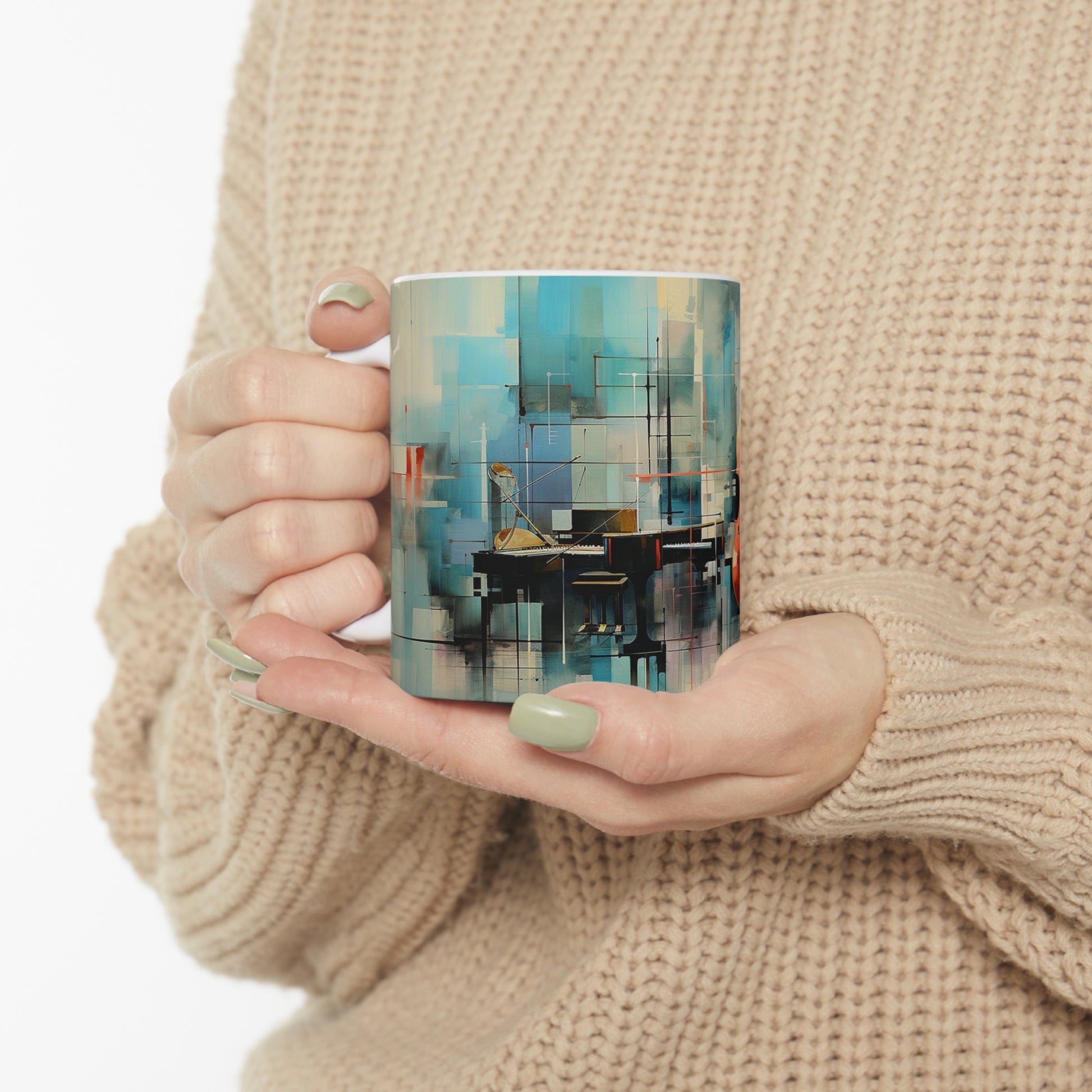 Model holding jazz music mug, 11oz ceramic mug with an energetic jazz design, ideal for music lovers and coffee enthusiasts