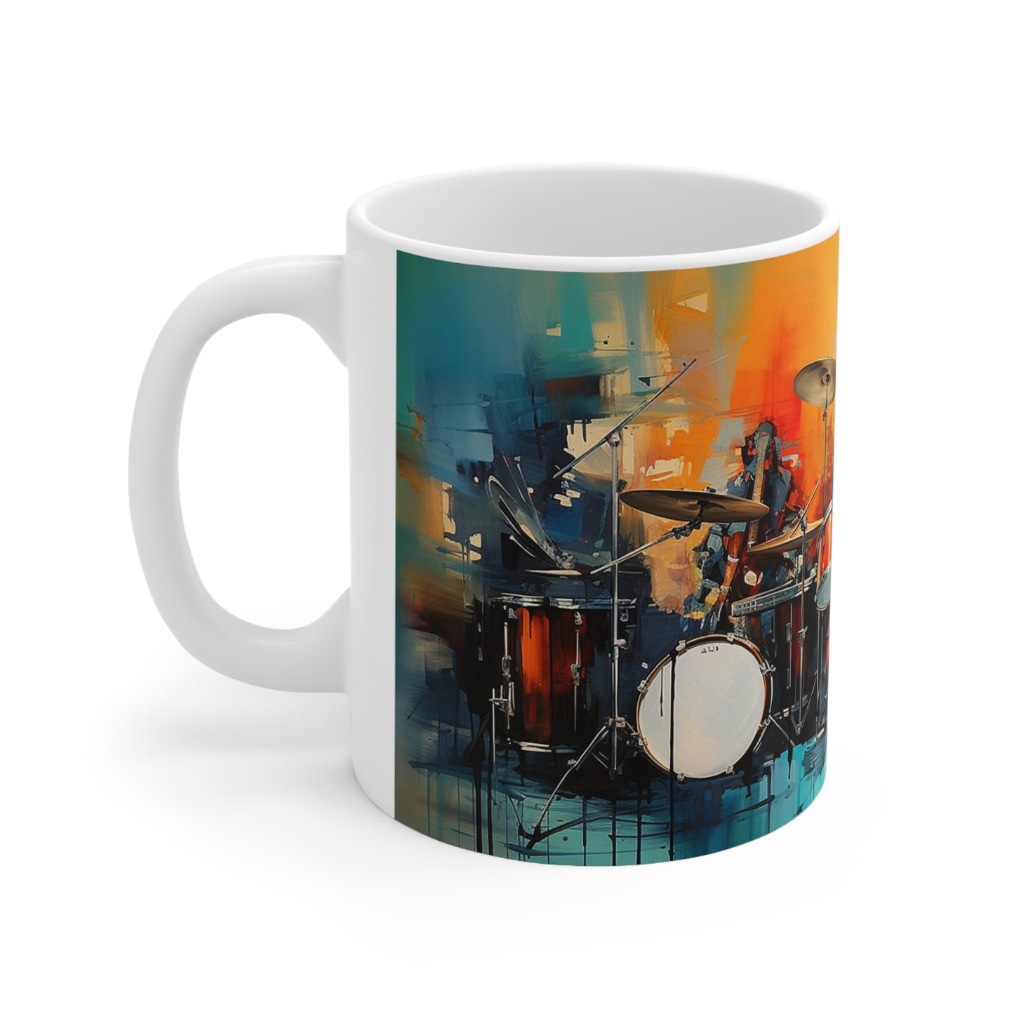 Jazz music mug with 11oz ceramic body, featuring musical notes and instruments in a bold, artistic design