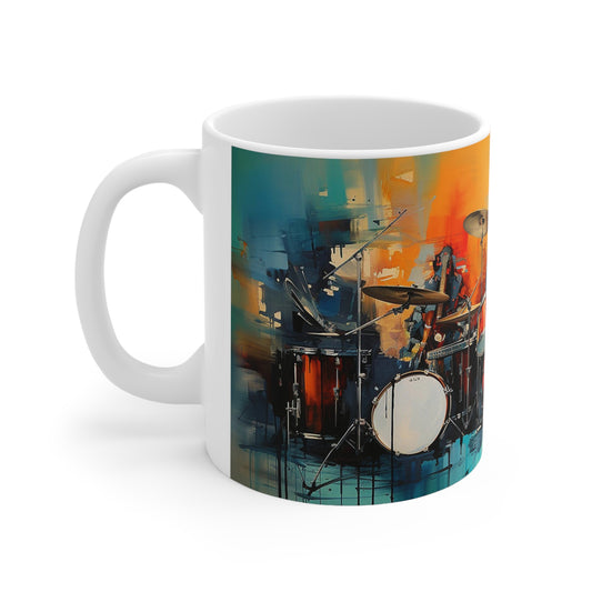Jazz music mug with 11oz ceramic body, featuring musical notes and instruments in a bold, artistic design