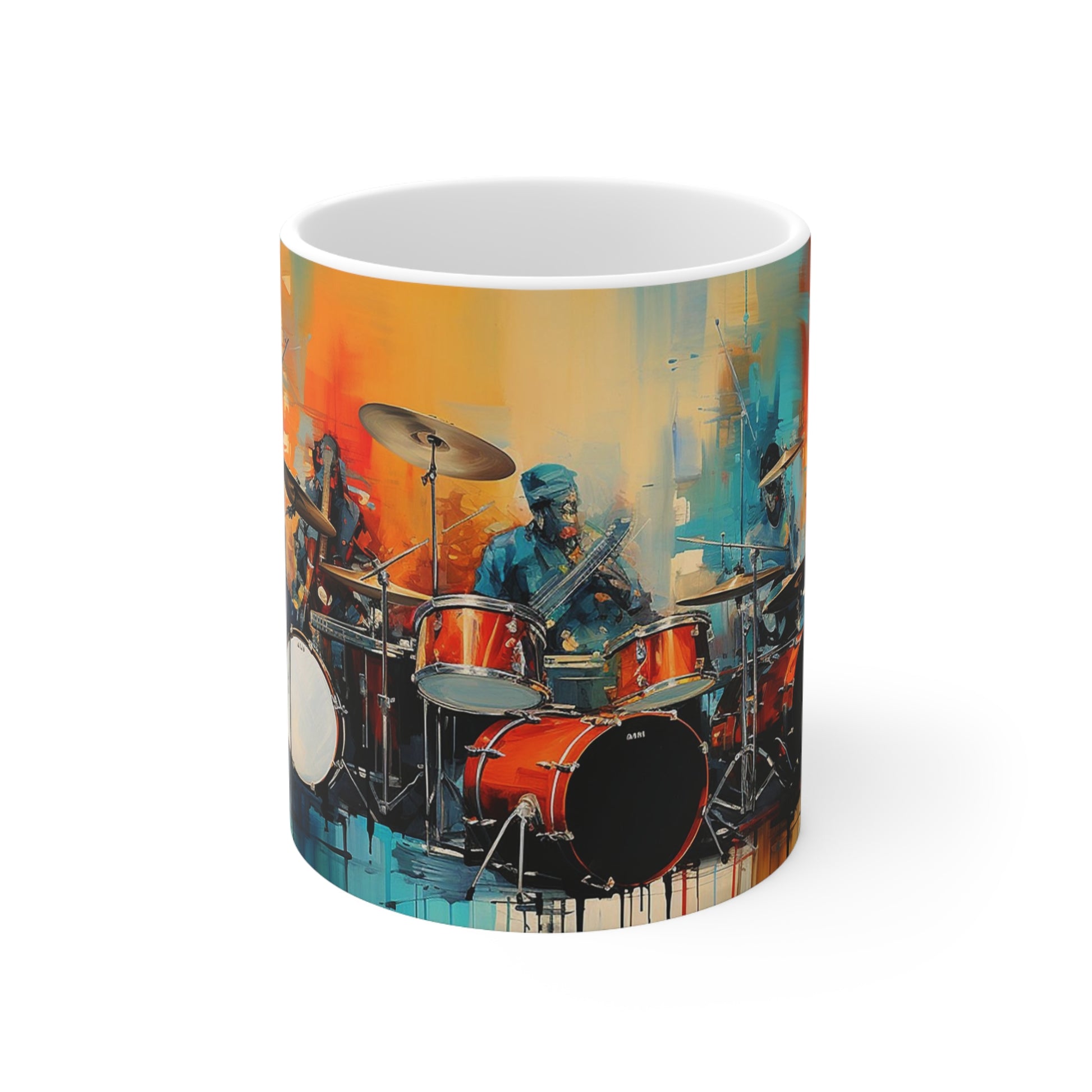 Close-up of the jazz music design on the 11oz ceramic mug, showcasing vibrant musical elements and rhythm