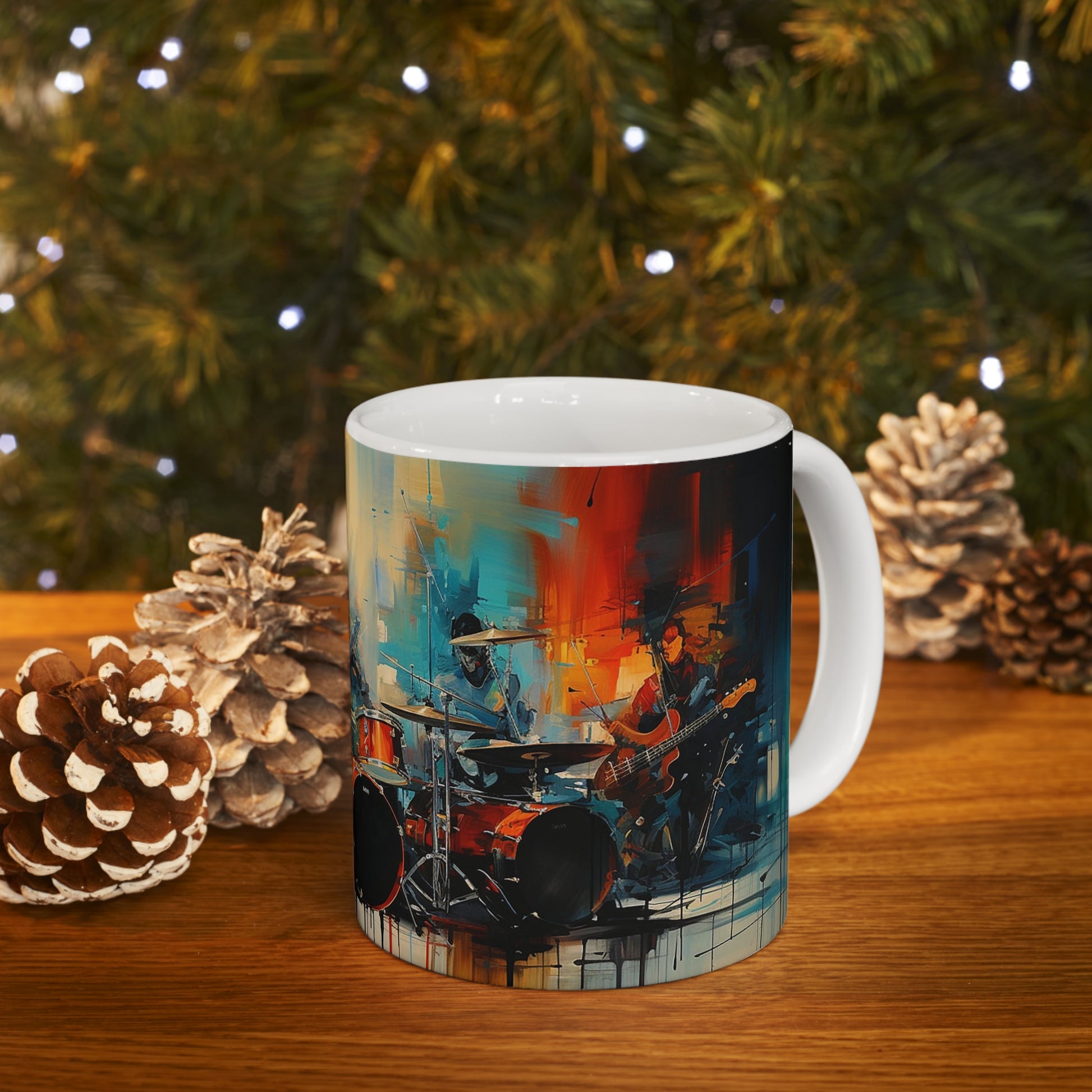 Jazz music mug on a table, 11oz ceramic mug with lively musical artwork, perfect for jazz enthusiasts
