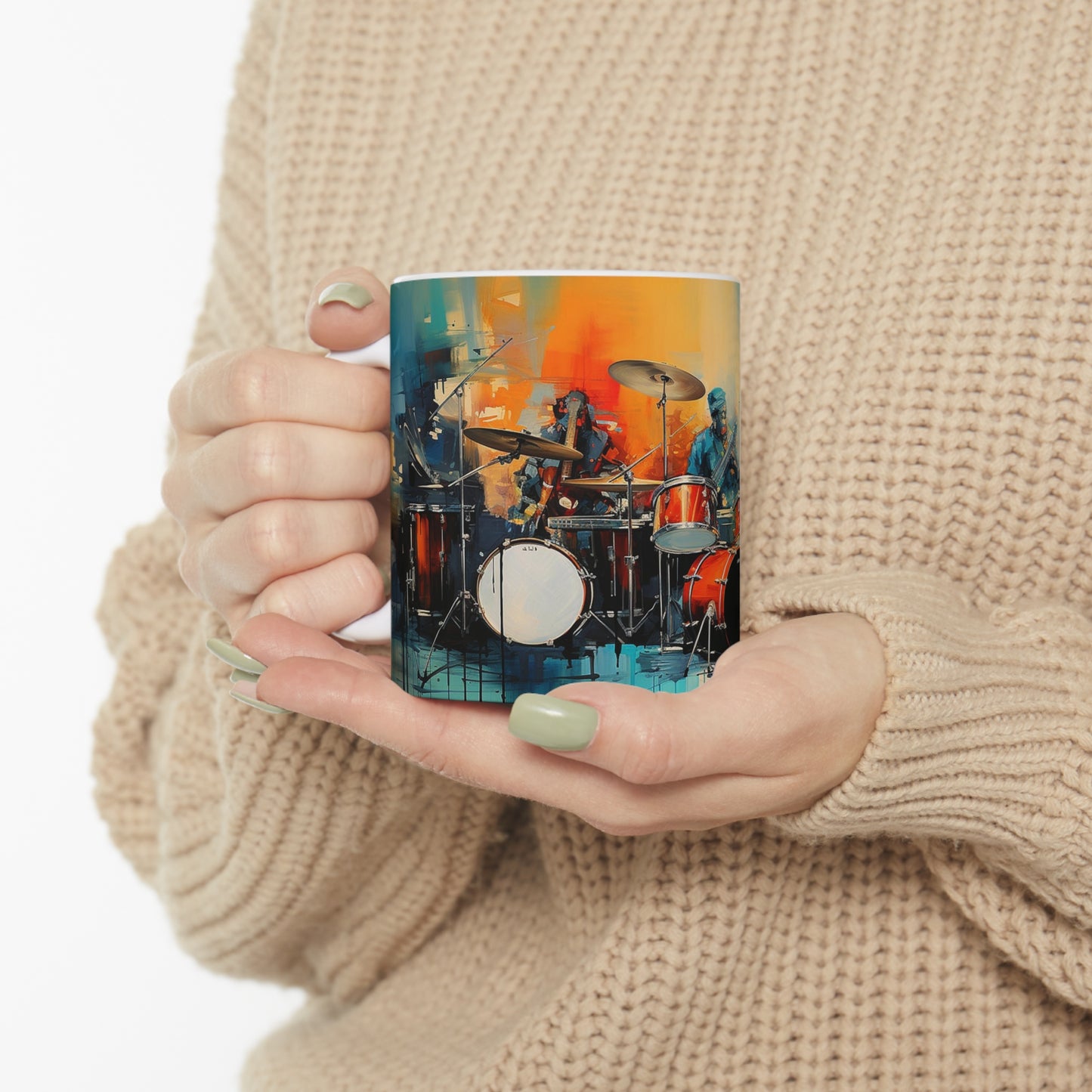 Model holding jazz music mug, 11oz ceramic mug featuring bold musical designs for a stylish and functional mug