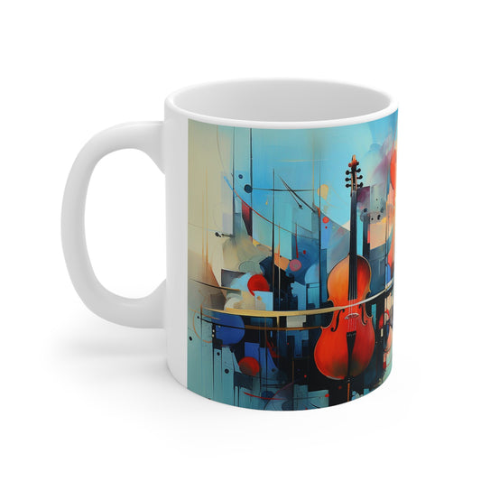 11oz ceramic jazz music mug with vibrant, colourful musical notes and instruments, perfect for music lovers
