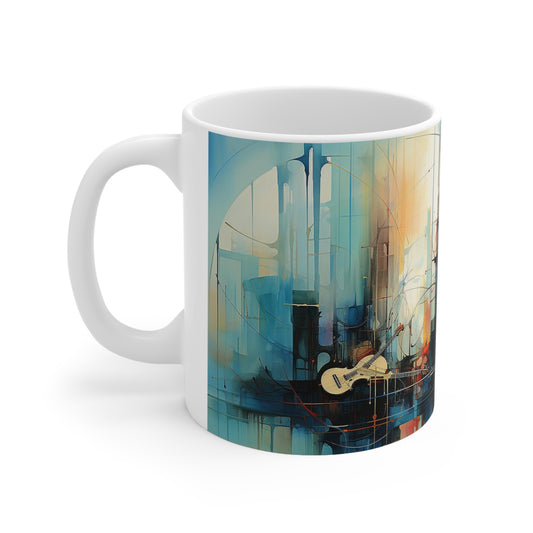11oz ceramic jazz music mug with vibrant musical notes and instruments, perfect for enjoying a cup of inspiration