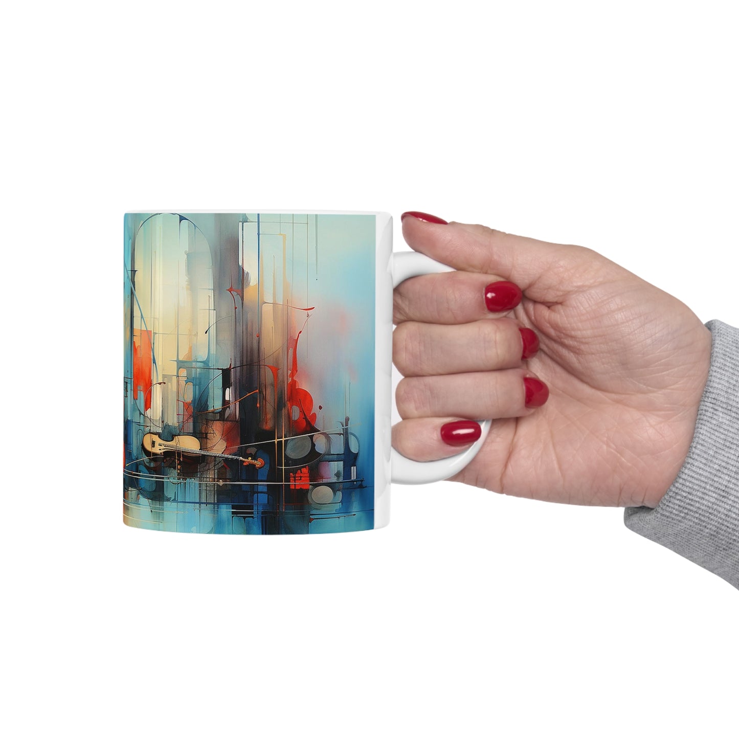 Model holding jazz music mug, 11oz ceramic mug featuring vibrant and energetic jazz designs, ideal for music lovers