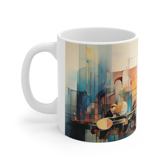 11oz ceramic jazz music mug featuring bold, colourful musical notes and instruments for a vibrant, artistic design