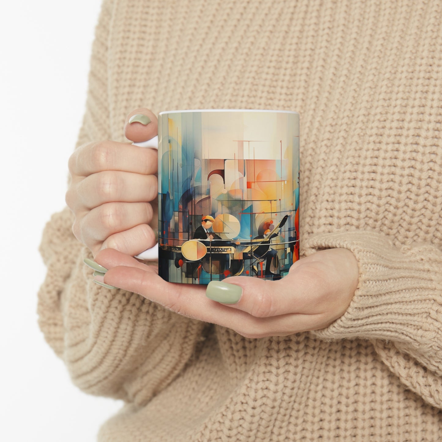 Model holding the jazz music mug, 11oz ceramic mug with dynamic design that celebrates the rhythm and art of jazz music