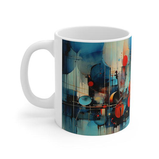 11oz ceramic jazz music mug with vibrant musical notes and instruments, creating an energetic and artistic design